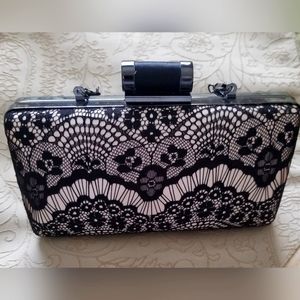 Classy Small Black Lace Hardshell Clutch with Removable Strap